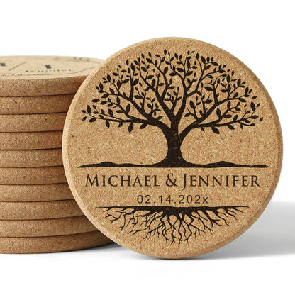 Personalized Cork Tree Coaster Set - Customizable with Names & Date - 14d040d1