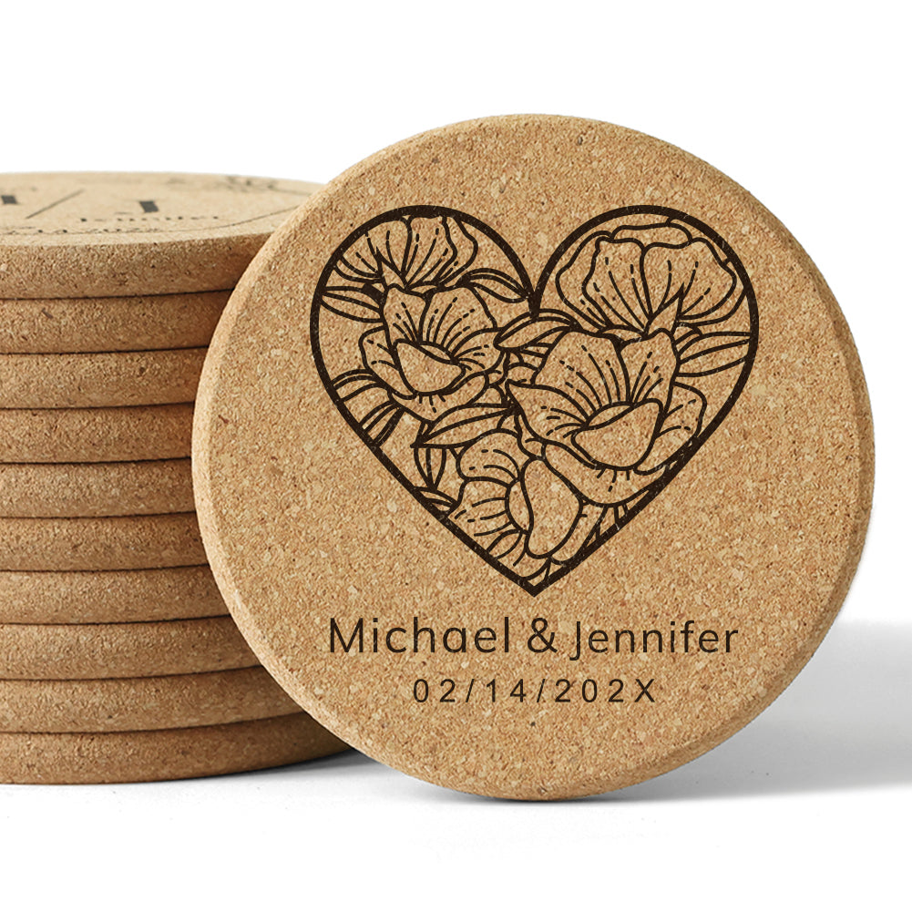 Personalized Floral Heart Cork Coasters - Customized with Names & Date - 14d040d14