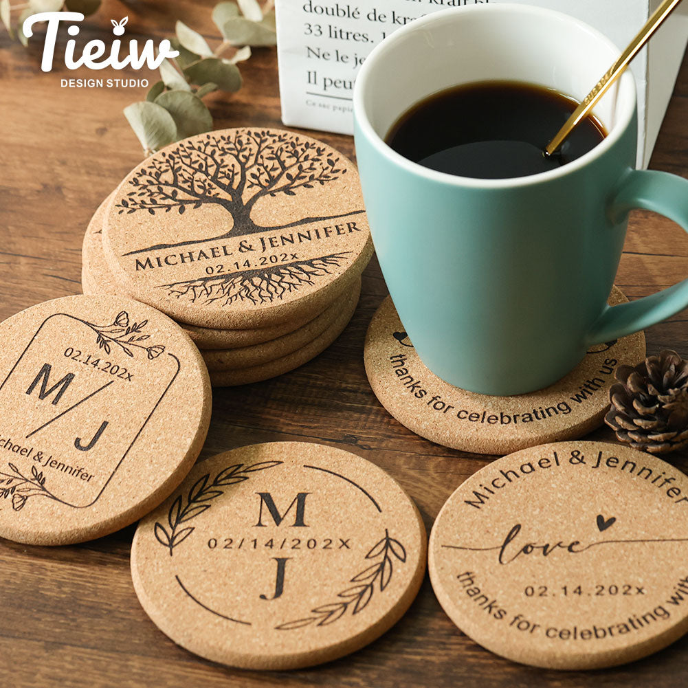 Personalized Cork Coasters for Wedding & Anniversary - Custom Engraved with Names & Date - 14d040d13